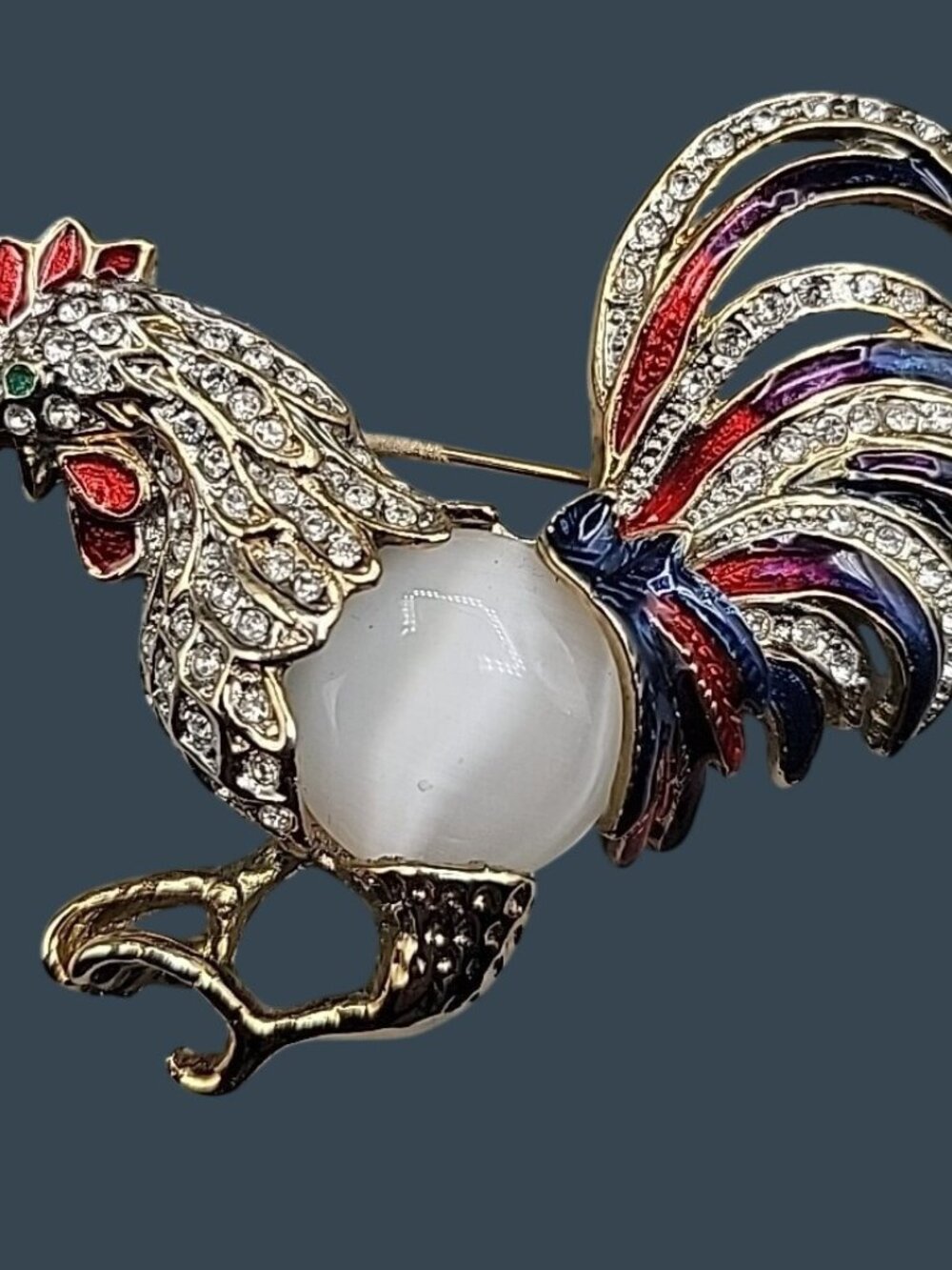 Vintage Large Colorful Rhinestone Jelly Belly Rooster Brooch - Picture 3 of 8